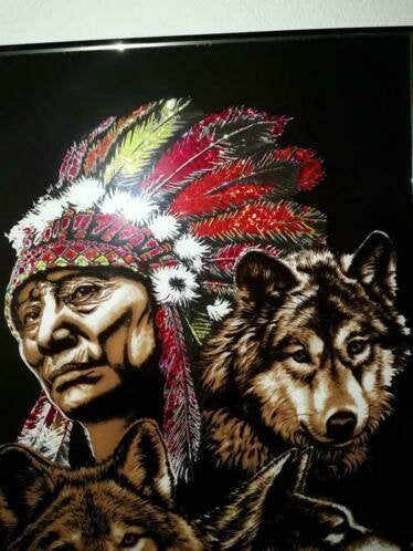 indiaan met wolven - lichtgevend - appart !!, Huis en Inrichting, Ophalen, Zo goed als nieuw, Schilderij, 75 – 100