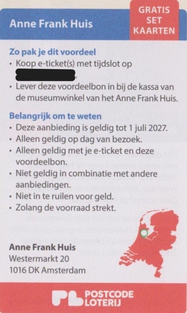 Anne Frank Huis, gratis set kaarten. Postcodeloterij bon., Eén persoon, Kortingskaart