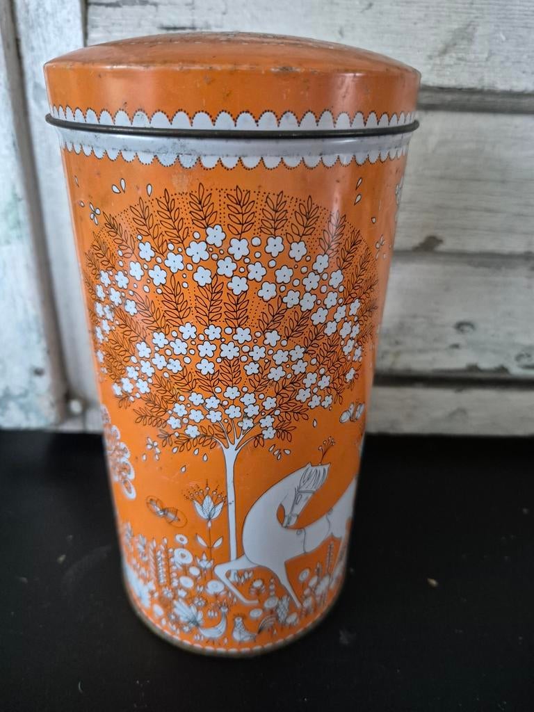 Mooi oranje Verkade bechuitbus/beschuit blik jaren 70, Verzamelen, Blikken, Ophalen of Verzenden, Gebruikt, Koek(jes), Verkade