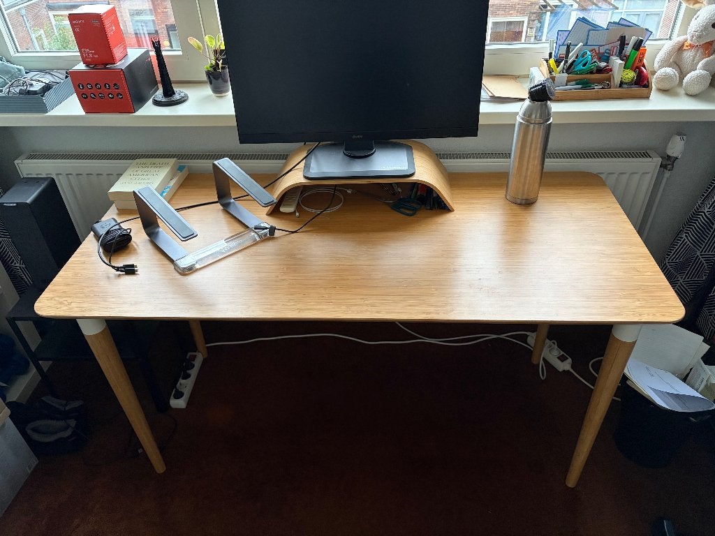 Bureautafel bamboe 140x65cm, Ophalen, Demontabel, Gebruikt, 65 cm