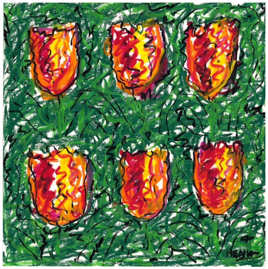 Origineel werk * Pastel * Henk de Bouter 6 tulpen, Antiek en Kunst, Kunst | Schilderijen | Modern, Ophalen of Verzenden