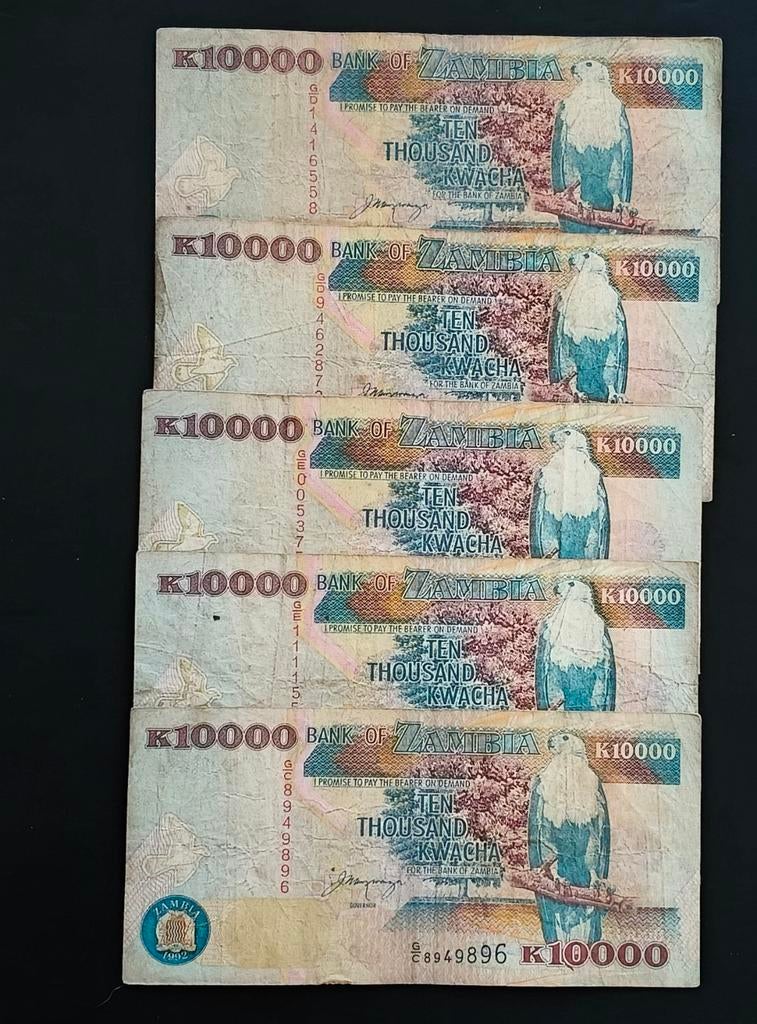 Zambia 5x 10.000 kwacha 1992 VF, Postzegels en Munten, Bankbiljetten | Afrika, Ophalen of Verzenden, Zambia