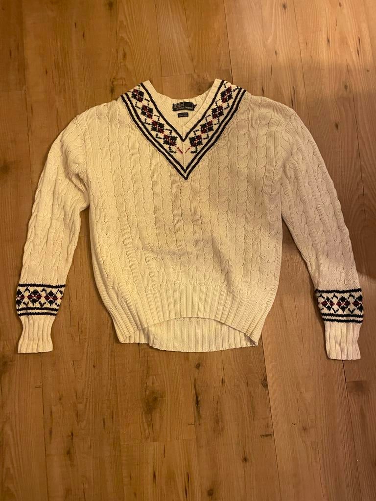 Ralph Lauren kabeltrui met V-hals Gebruikt, Ophalen, Gedragen, Maat 38/40 (M), Wit