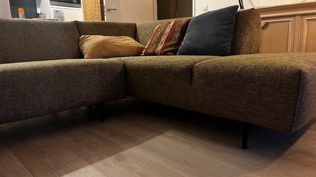 Moderne strakke Jamé Saar design hoekbank olijfgroen geweven, Ophalen, Hoekbank, 75 tot 100 cm, Zo goed als nieuw