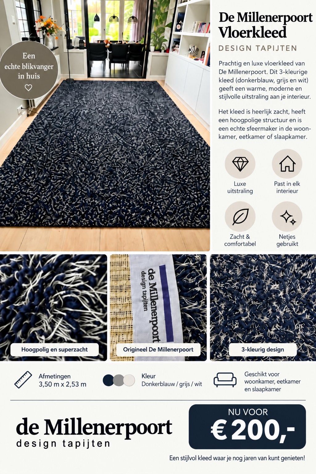 Millenerpoort Wollen Vloerkleed - Donkerblauw/Grijs/Wit, Huis en Inrichting, Ophalen, 200 cm of meer, 200 cm of meer, Rechthoekig