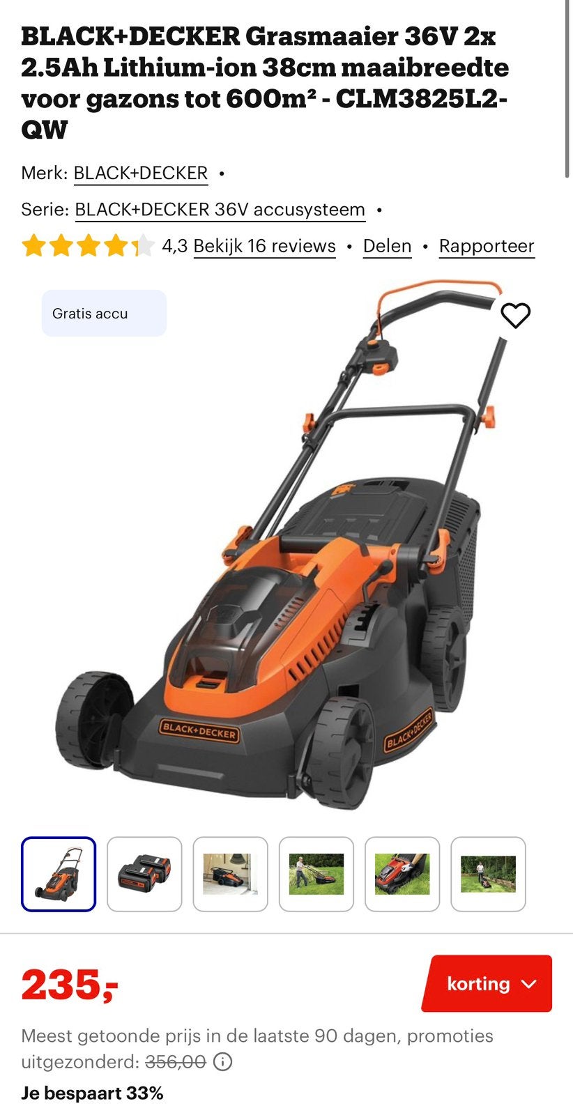 BLACK & DECKER accu grasmaaier 36v, Tuin en Terras, Grasmaaiers, Ophalen, Cirkelmaaier, Accu-grasmaaier, Zo goed als nieuw