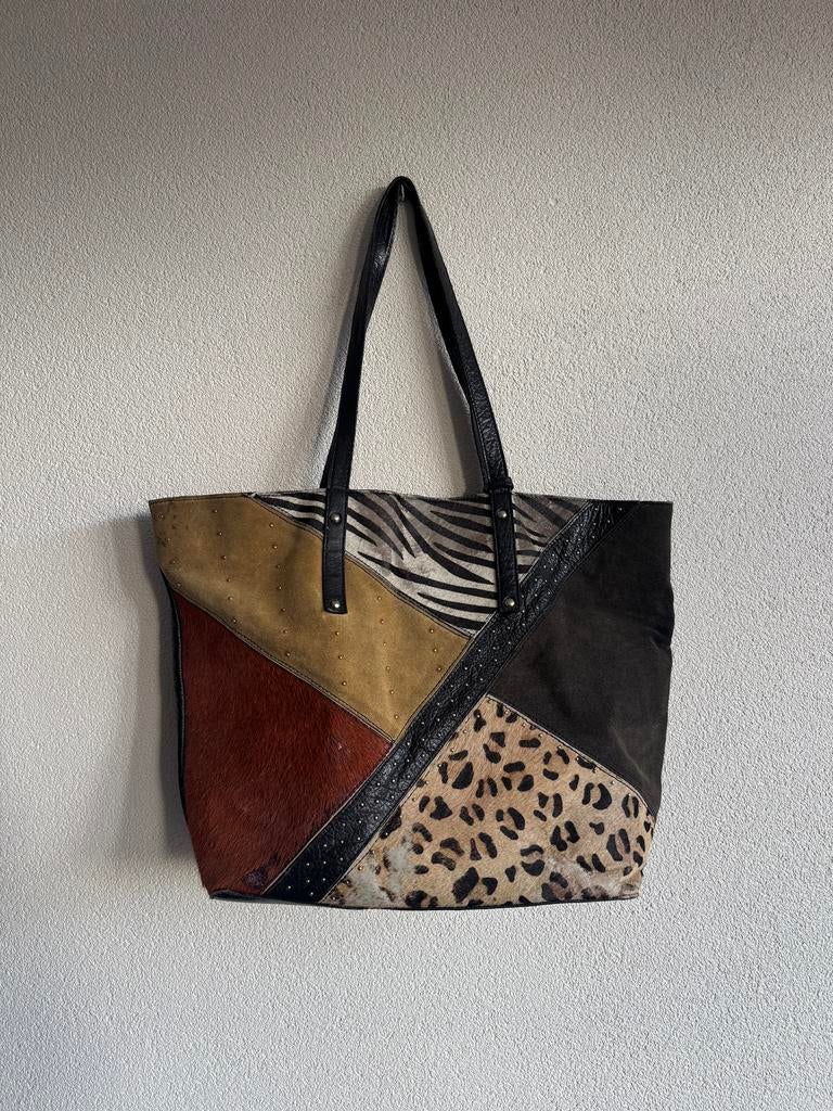 Vintage Y2K echt leren schouder tas met patchwork patroon, Sieraden, Tassen en Uiterlijk, Tassen | Damestassen, Vintage, Gebruikt