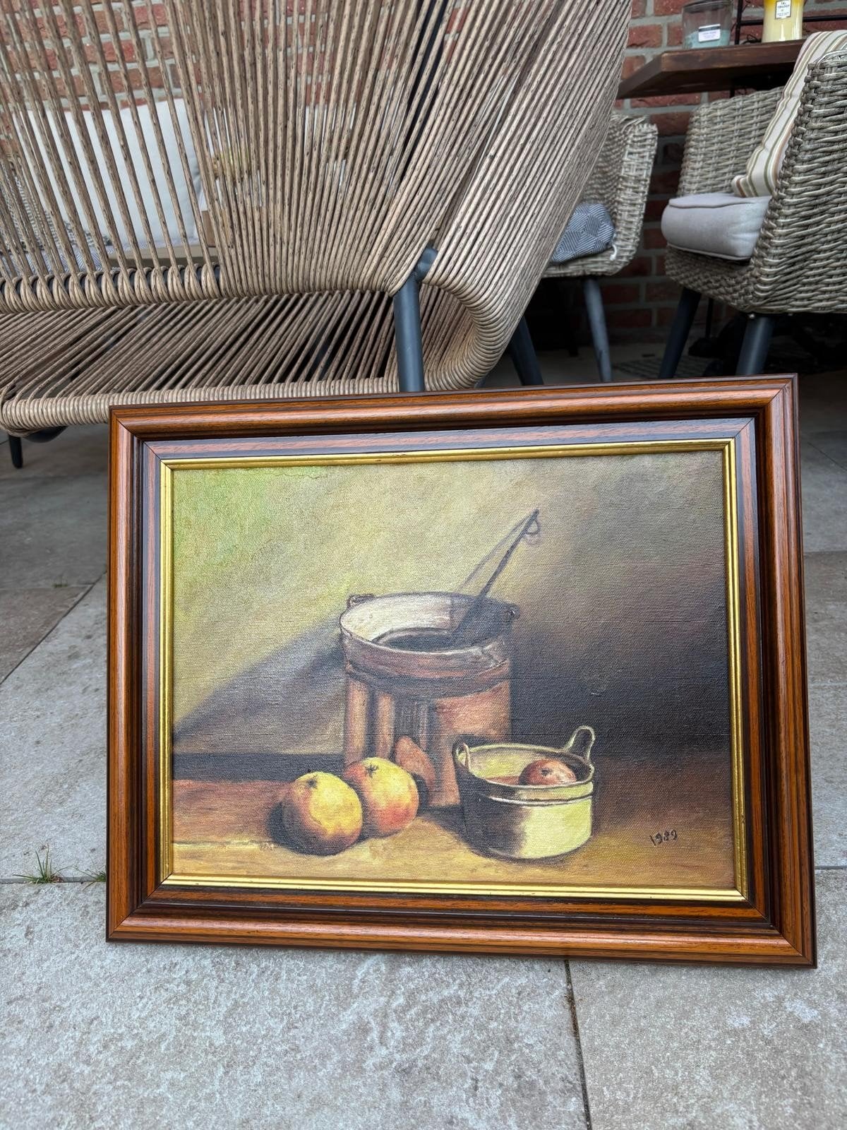 Stilleven met appels en koperen potten E. Boonma, Ophalen, Klassiek, Gesigneerd