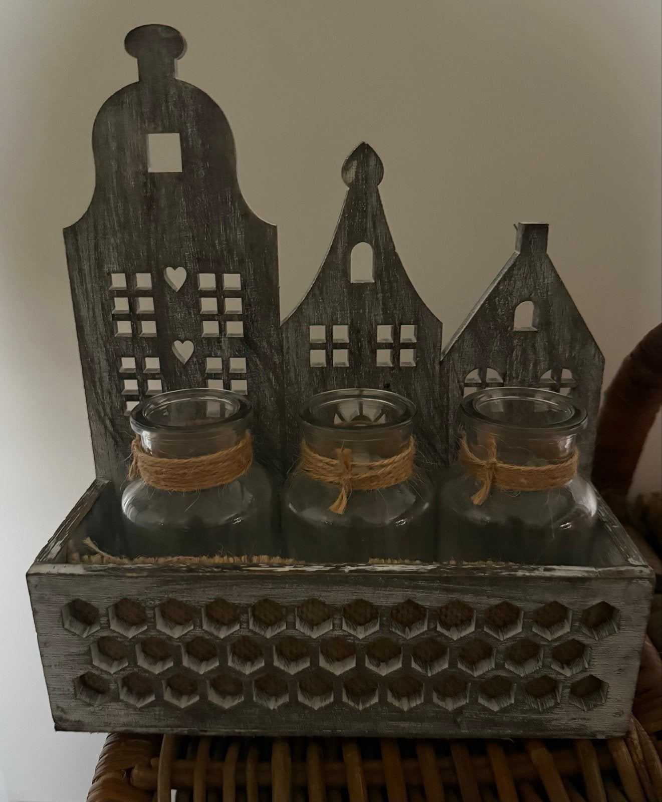 Houten huisjes decoratie met glazen potjes, Hout, Ophalen of Verzenden, Grijs, Landelijk