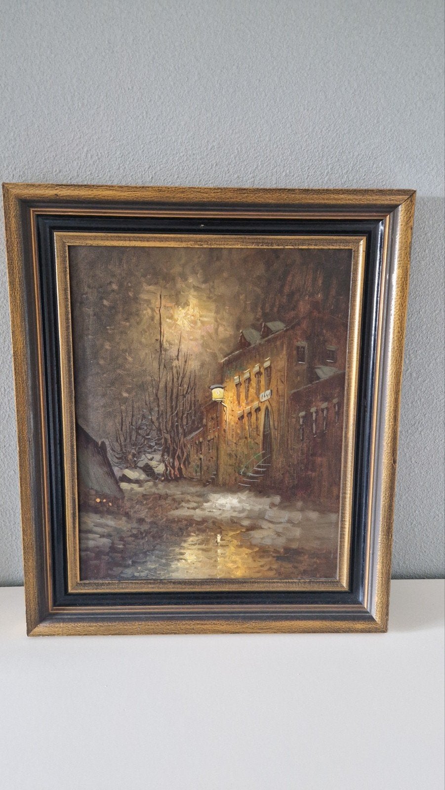 Sfeervol winters stadsgezicht schilderij, Antiek en Kunst, Ophalen
