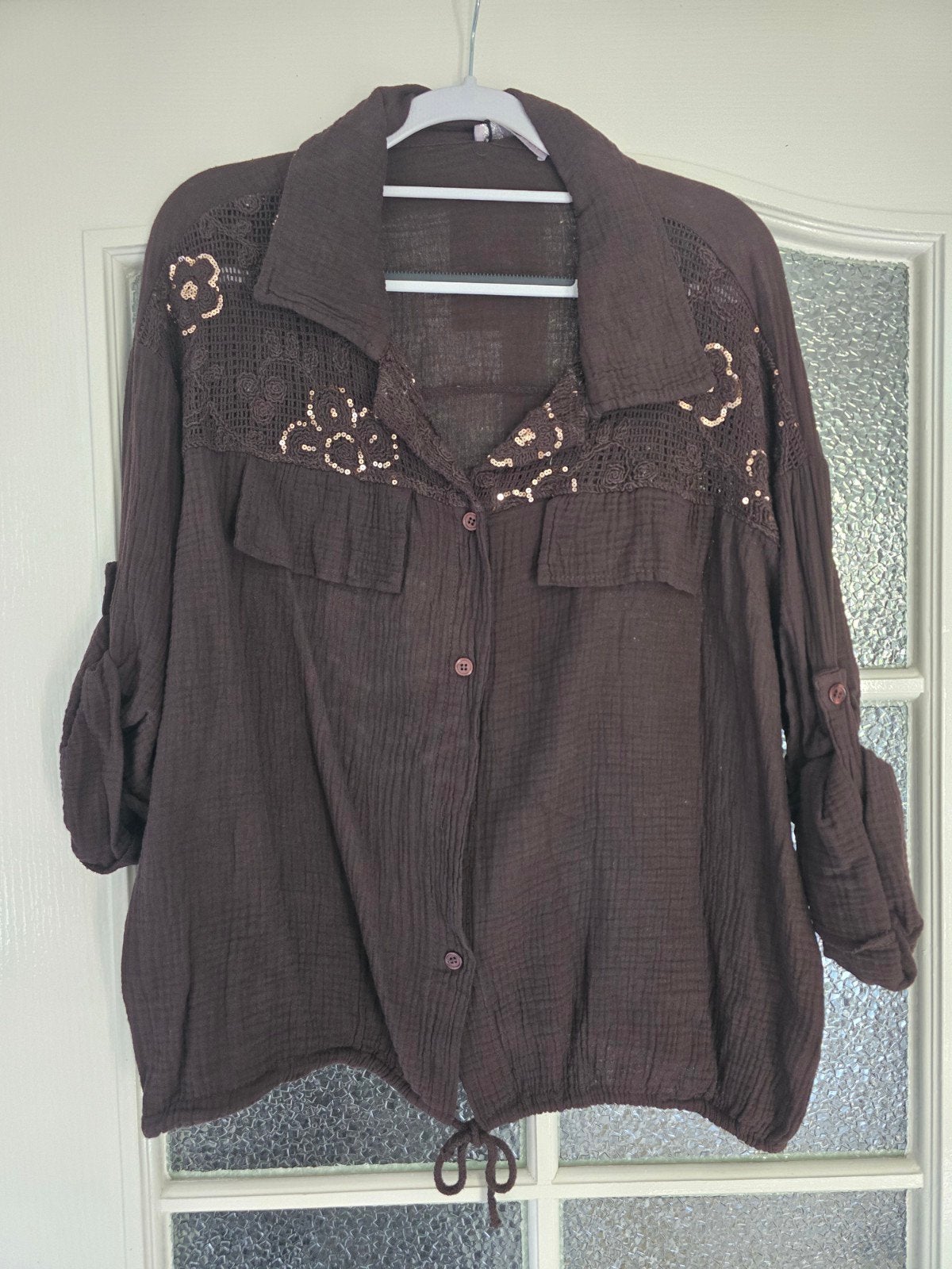 nieuwe blouse bruin glitter 40 42 44, Ophalen of Verzenden, Nieuw, Maat 42/44 (L), Bruin