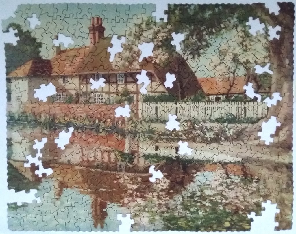 Kartonnen puzzel Vakwerk villa met vijver INCOMPLEET, Hobby en Vrije tijd, Denksport en Puzzels, Ophalen of Verzenden, Minder dan 500 stukjes
