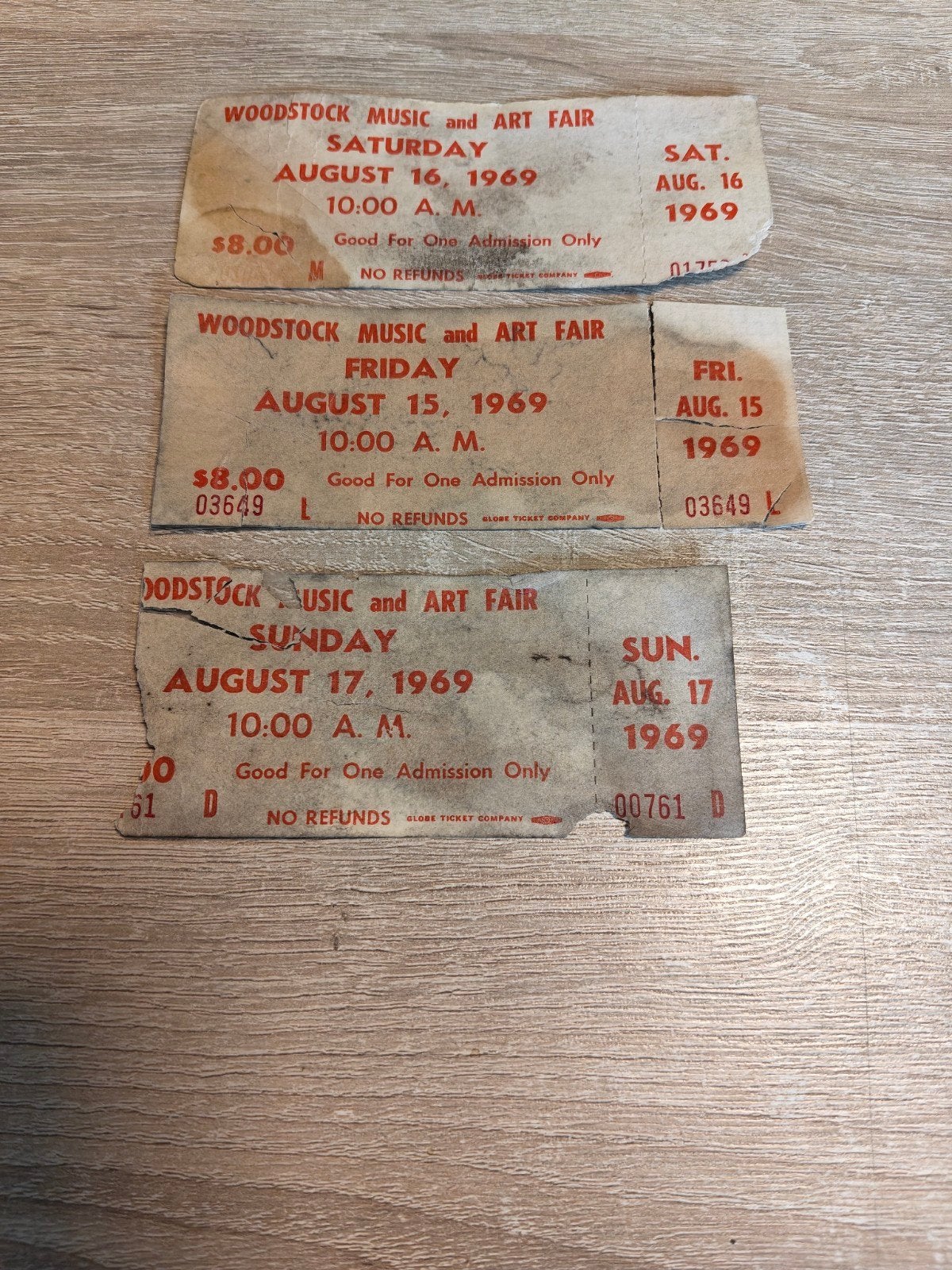 Woodstock 1969 – 3 oude originele dagkaartjes, Ophalen of Verzenden, Gebruikt, Foto of Kaart