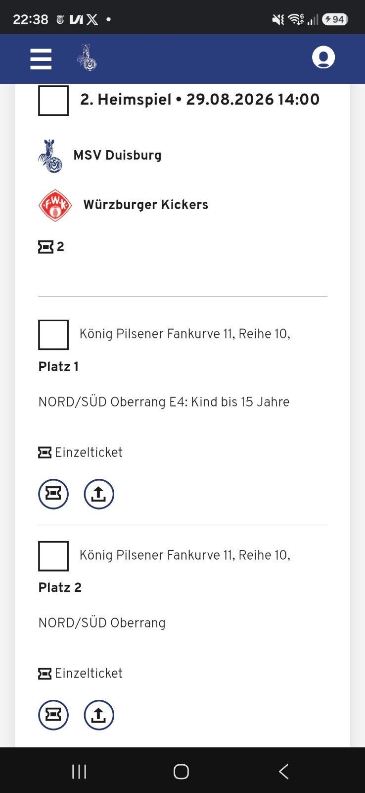 2 tickets MSV Duisburg - Wurzburger Kickers 29/8 om 14u, Tickets en Kaartjes, Twee personen, Augustus