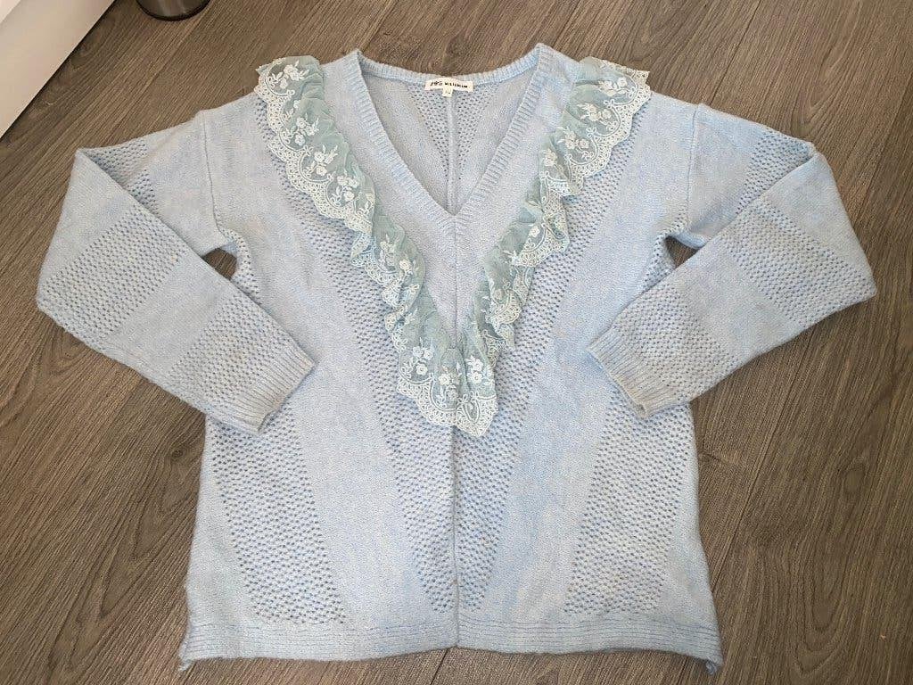 Dames baby blauwe ruffle kante trui sweater mt 38, Maat 38/40 (M), Made in Italy, Blauw, Ophalen of Verzenden