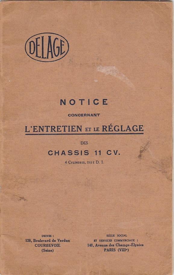 Delage D1 notice entretien handleiding, Ophalen of Verzenden