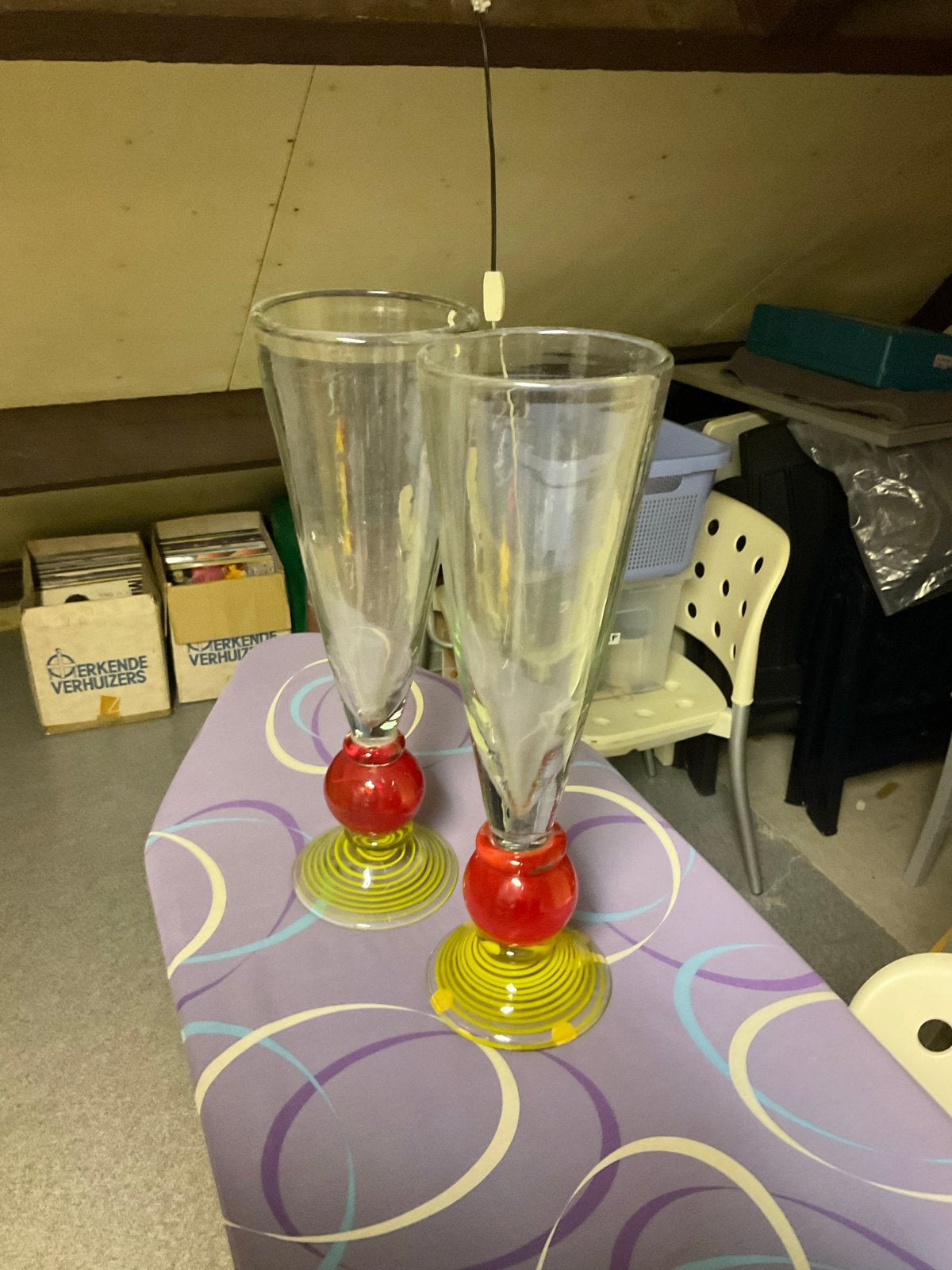 Set van 2 Vintage Design Vazen - Rood en Geel Glas, Ophalen