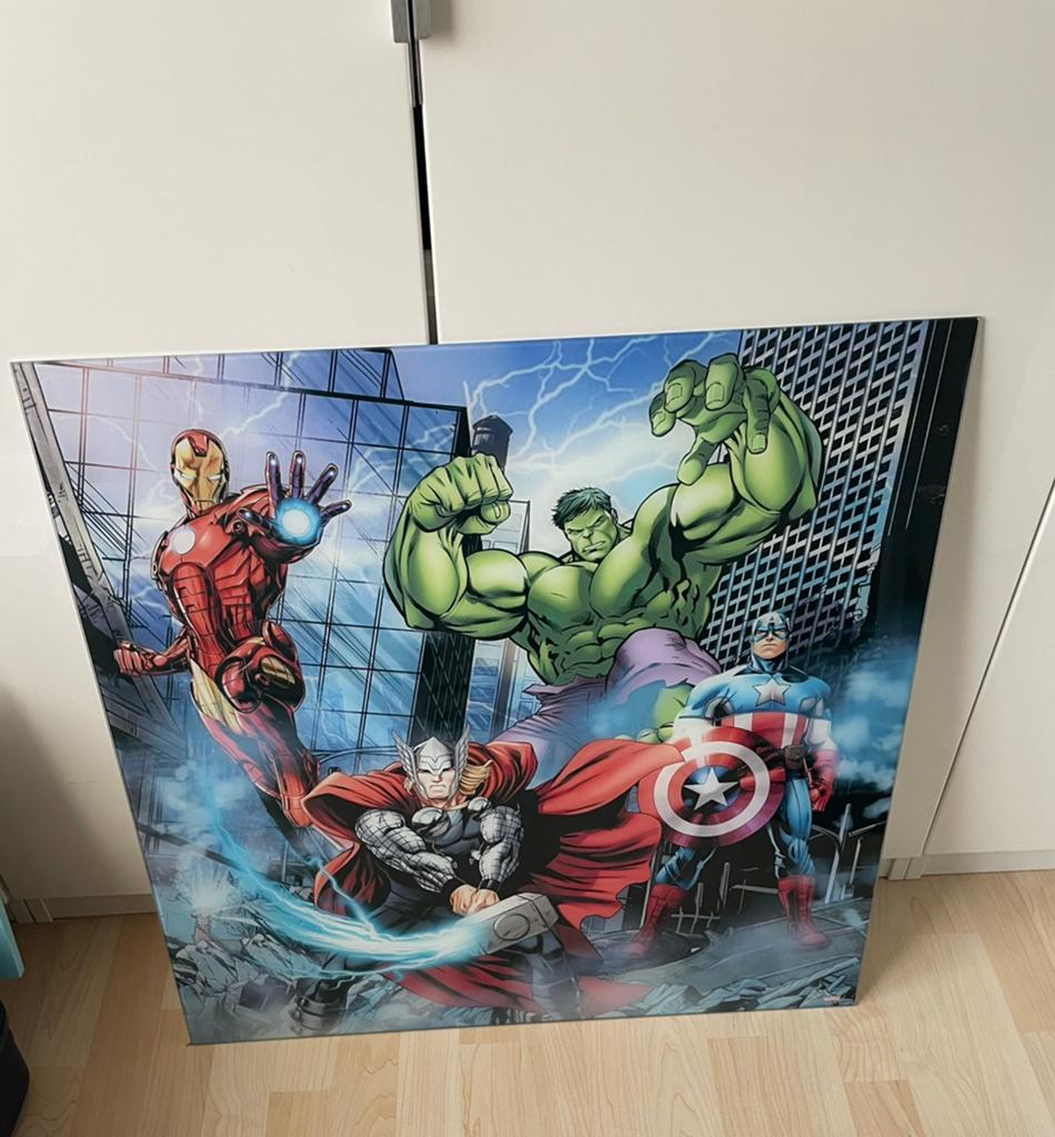 Glazen avengers schilderij, Ophalen, Zo goed als nieuw, Schilderij, 50 tot 75 cm