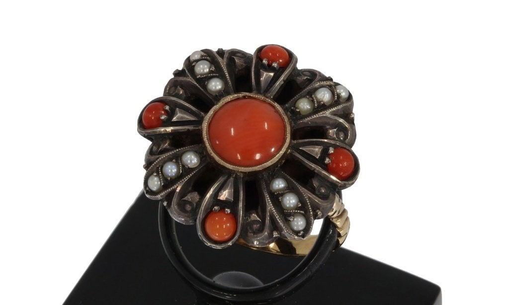 Bloedkoraal parel antieke 14k gouden fraaie ring dame zilver, Ophalen of Verzenden, Goud, Ring, Met edelsteen