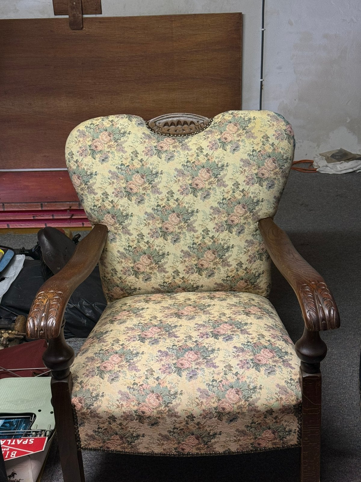 Vintage antiek fauteuil bloemenpatroon & houten armleuningen, Antiek en Kunst, Ophalen