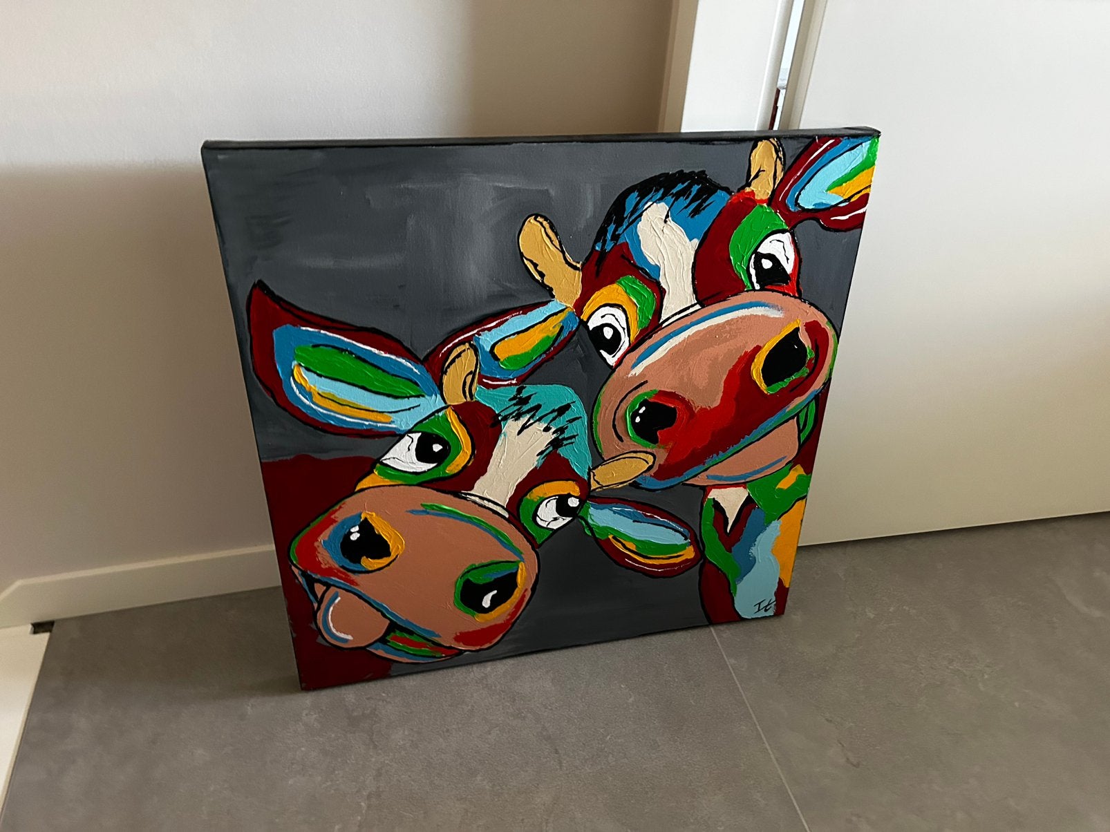 Schilderij 2 koeien, gesigneerd IT, Ophalen