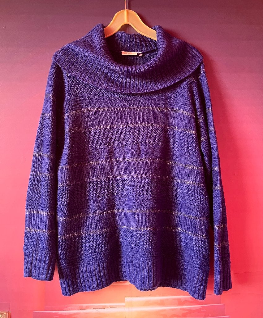 Blauwe streepjes trui metvgrote col maat L nu 14€, Blauw, Maat 42/44 (L), Ophalen of Verzenden, Gedragen
