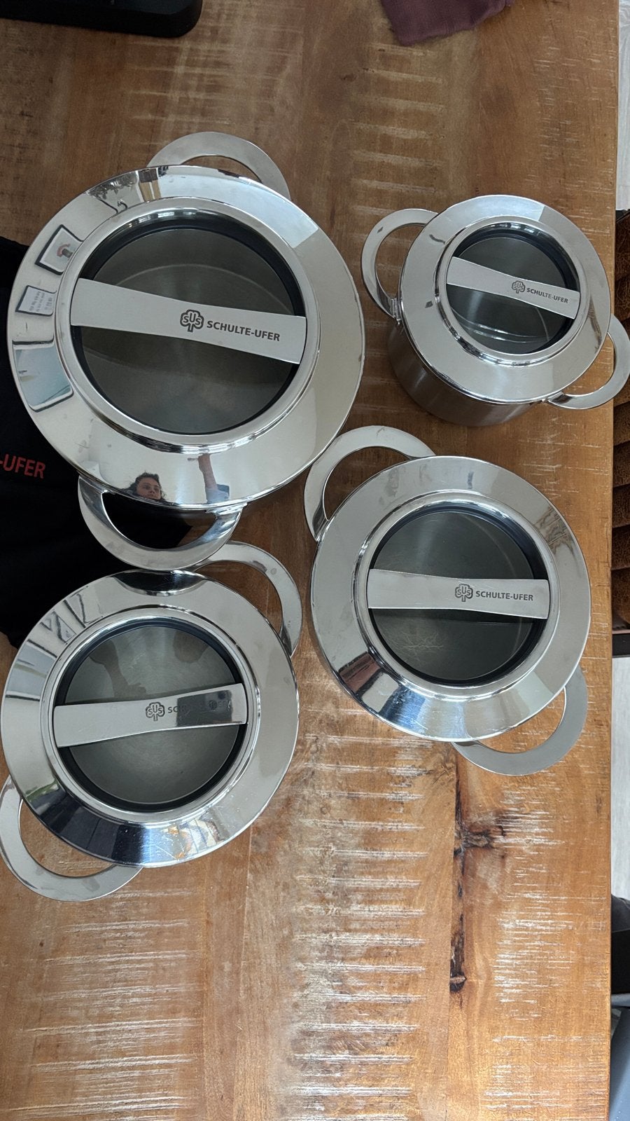 Schulte-Ufer Pannenset - 4-delig RVS met deksels, Ophalen, Gebruikt, Met deksel, Pannenset