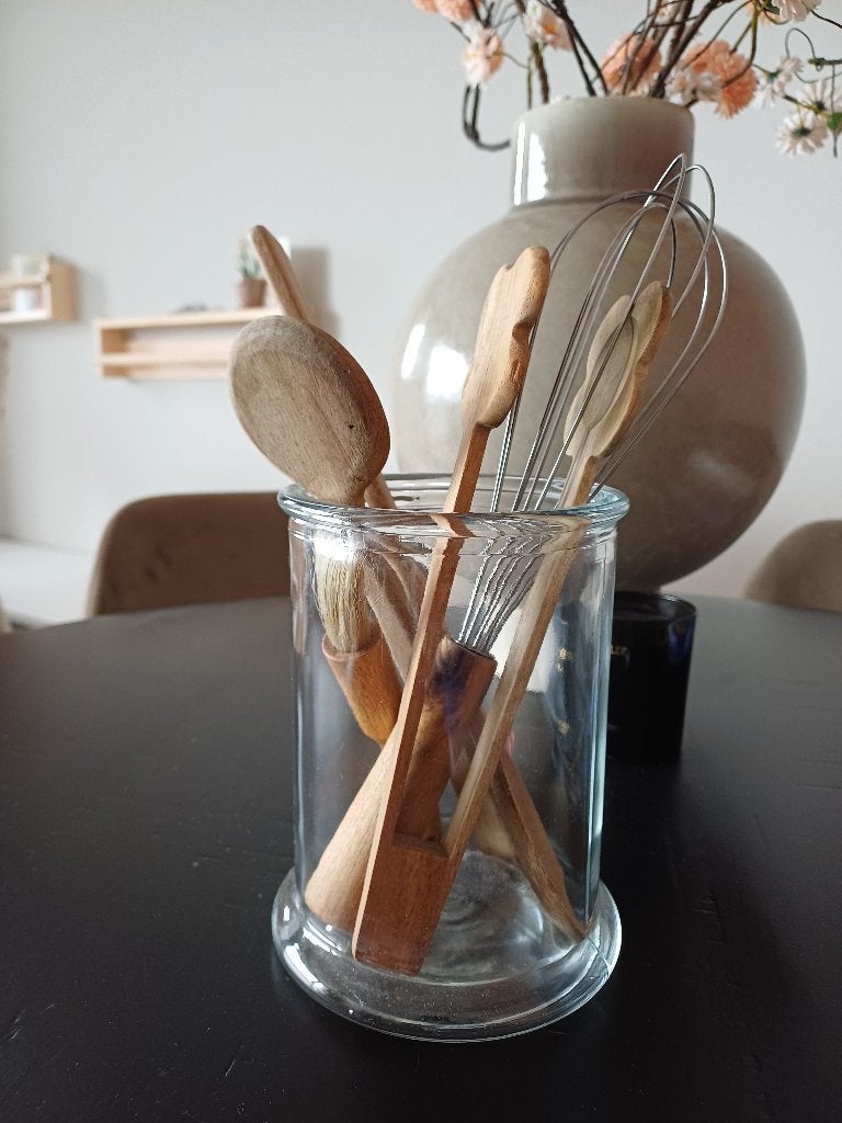 Houten keukengerei set in glazen houder, Ophalen, Hout, Overige typen, Gebruikt