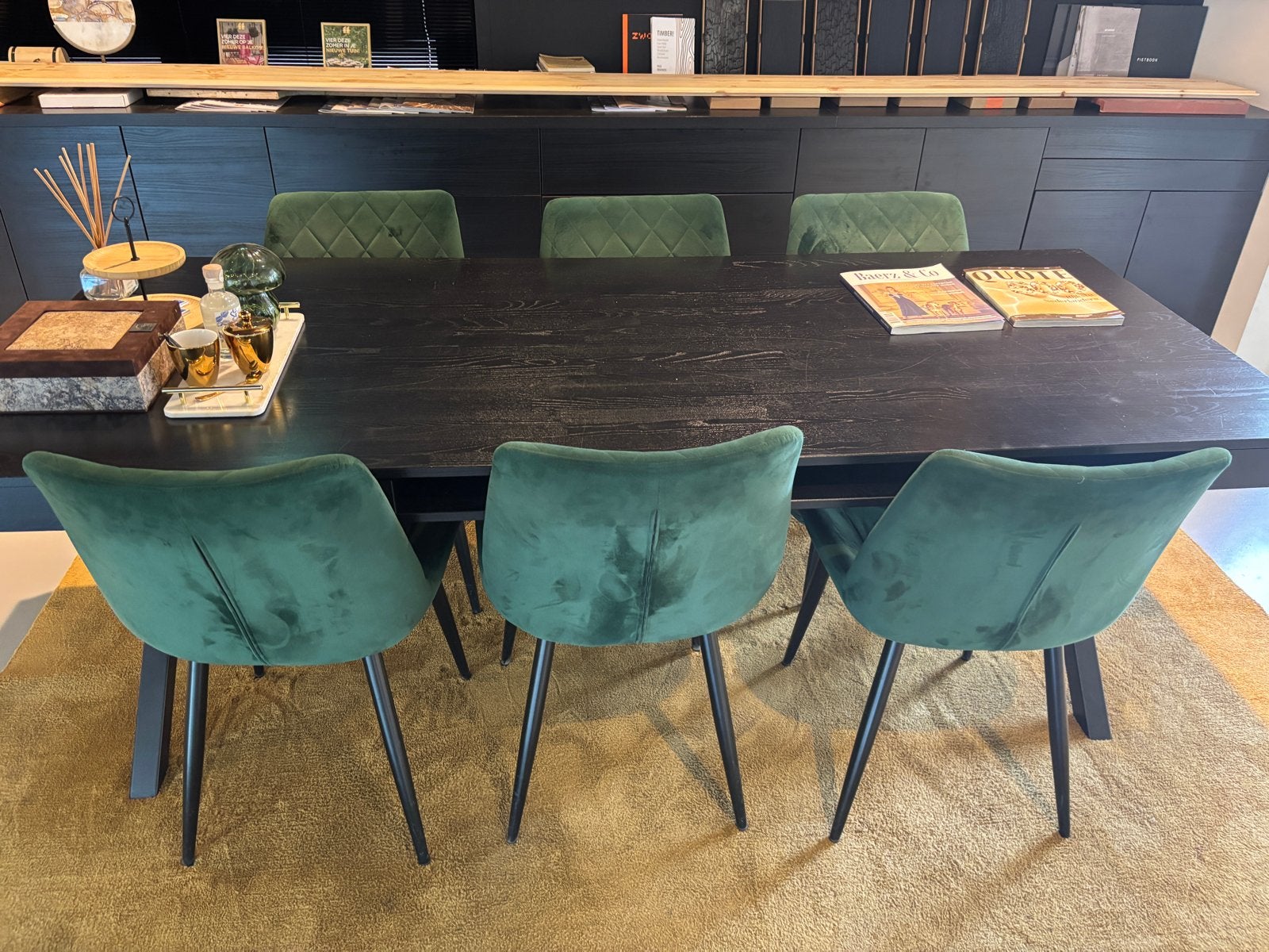 Elegante zwarte eettafel 90x220 met kruispoot onderstel, Ophalen, Gebruikt, Eikenhout, 200 cm of meer