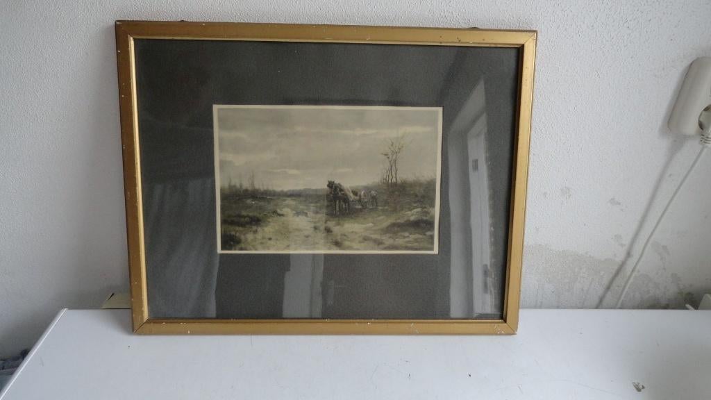 Prent, ingelijst, antiek, boer, paard en wagen, gesigneerd, Ophalen of Verzenden