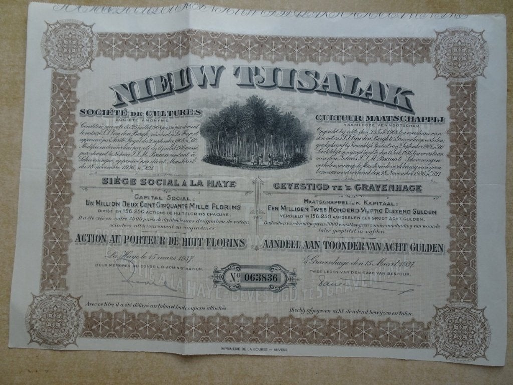 Aandeel Cultuur Maatschappij Nieuw Tjisalak.1937, Ophalen of Verzenden, Voor 1920, Aandeel