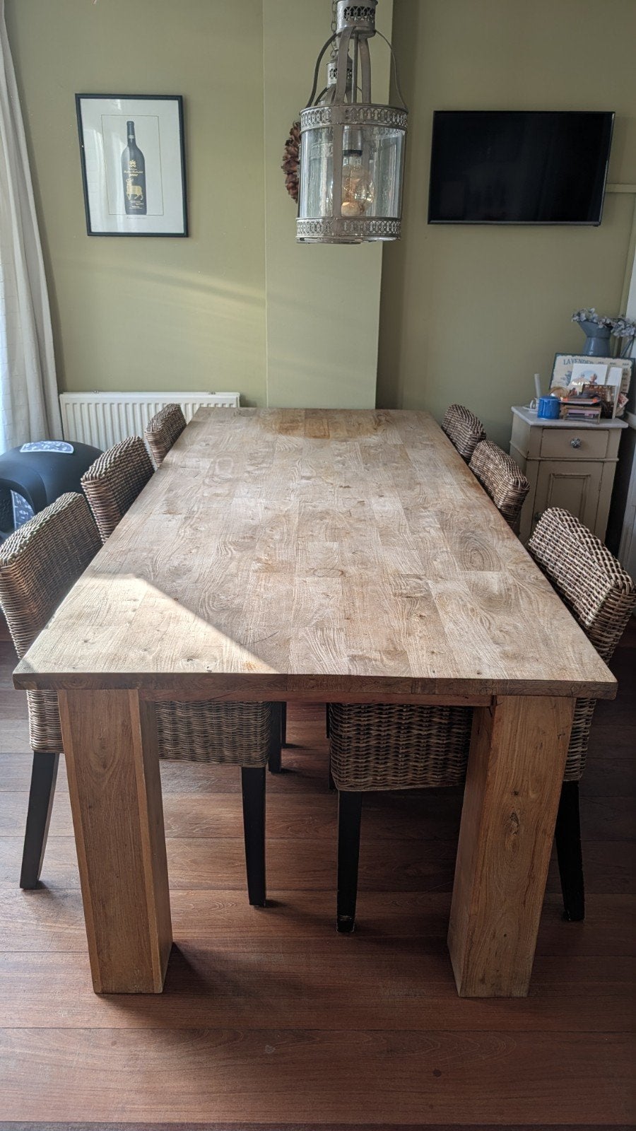 Houten eettafel met 6 rotan stoelen, Ophalen, Gebruikt, 100 tot 150 cm, 200 cm of meer