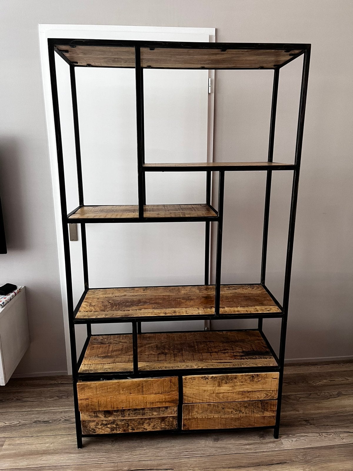 Industriële kast mangohout met stalen frame, Ophalen, Zo goed als nieuw, Minder dan 150 cm, 150 tot 200 cm