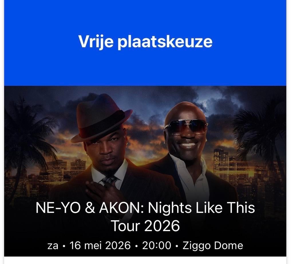 NE-YO & AKON IN ZIGGO 2x vrije staanplaats kaartjes TE KOOP!, Twee personen