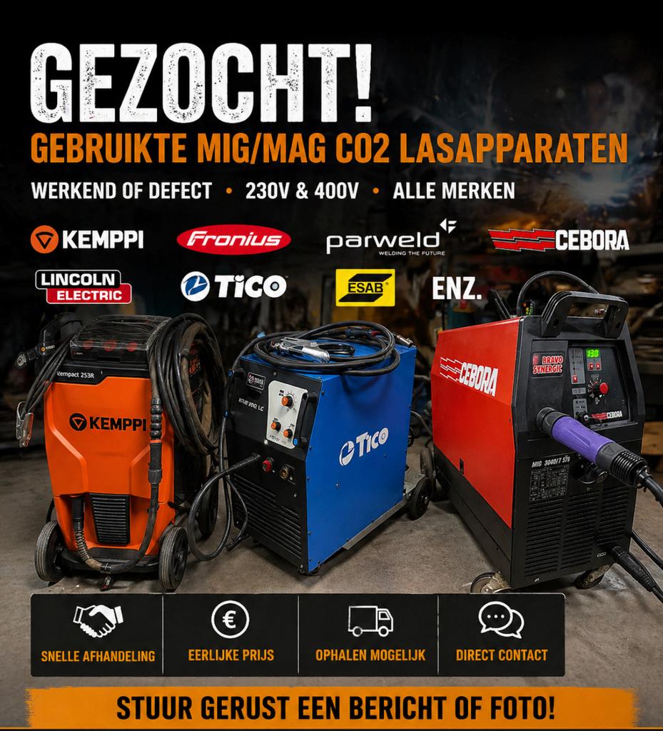 Gezocht: Mig/MAG CO2 Lasapparaten –Alle Merken, Doe-het-zelf en Verbouw, Ophalen, 250 ampère of meer, Co2