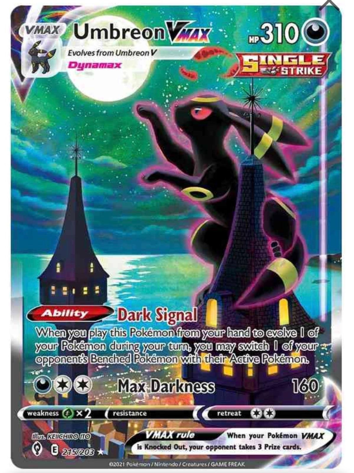 Umbreon VMAX Evolving Skies 215/203 Pokémon Kaart, Ophalen of Verzenden, Zo goed als nieuw, Losse kaart