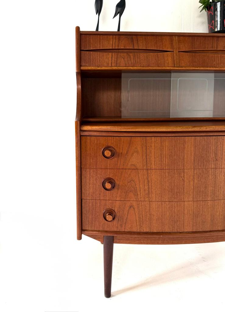 Vintage teakhouten secretaire, Gunnar Falsig ‘60, Ophalen of Verzenden, Zo goed als nieuw, Vintage retro buisframe design rotan webbing papercord deens