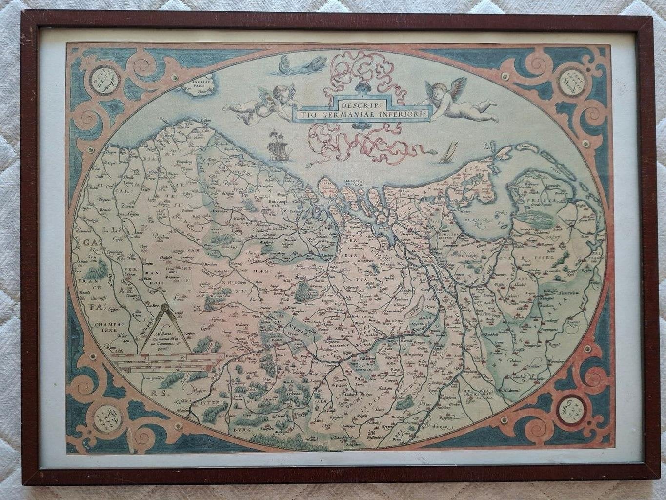 historische landkaart Desciptio Germaniae Inferioris, Antiek en Kunst, Ingelijst, 43 cm, Ophalen of Verzenden, Gravure