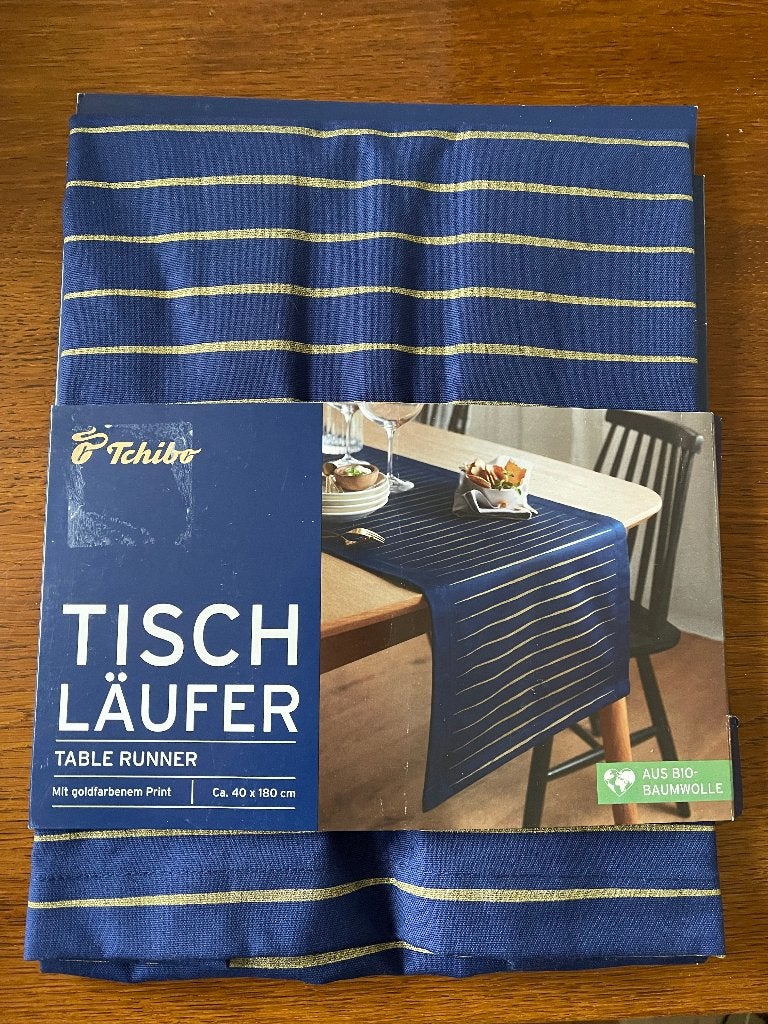 Tafelloper Merk: "Tchibo" 'Bio Katoen' Blauw/Goud Nieuw, Ophalen of Verzenden, Nieuw, Blauw, Tafelkleed of Tafelzeil