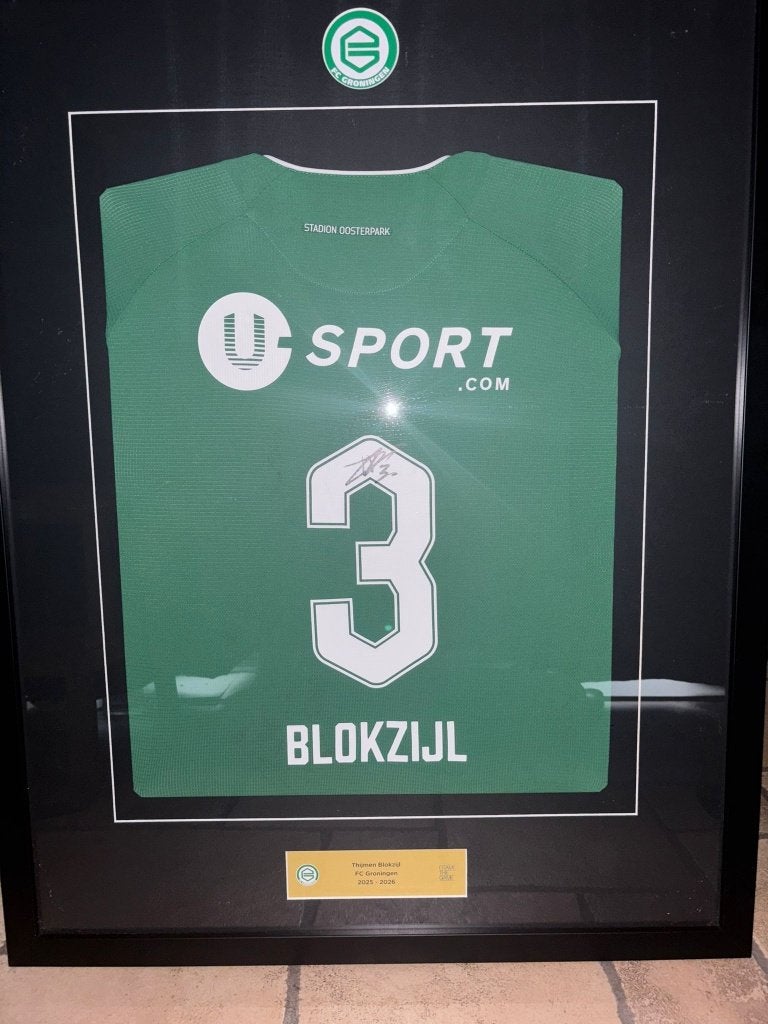 Matchworn Blokzijl shirt FC Groningen gesigneerd ingelijst, Maat XL, Ophalen of Verzenden, Zo goed als nieuw, Shirt