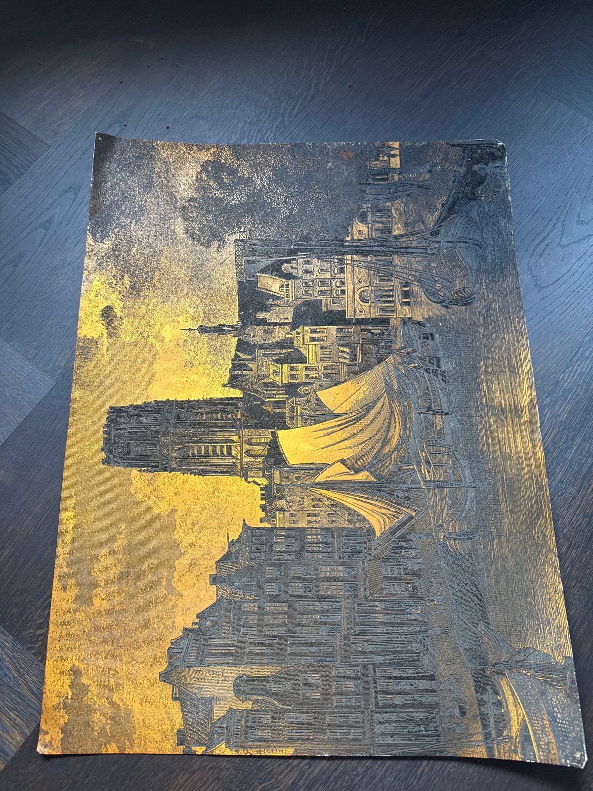 Antieke ets op aluminium: Stadsgezicht Nederland, Antiek en Kunst, Kunst | Etsen en Gravures, Ophalen, Stadsgezicht, Ets, 1800 - 1899