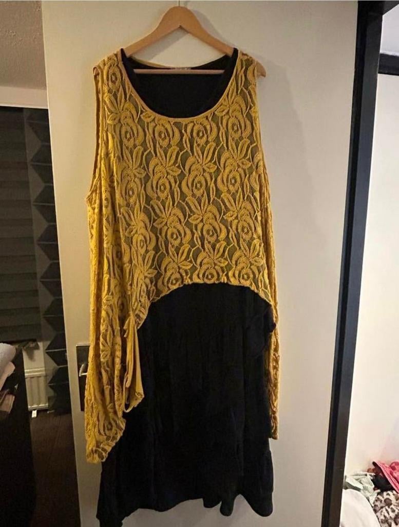 Moonshine Fashion Jurk Geel/Zwart Kant Maat 38/40 (M), Maat 38/40 (M), Moonshine Fashion, Geel, Ophalen of Verzenden