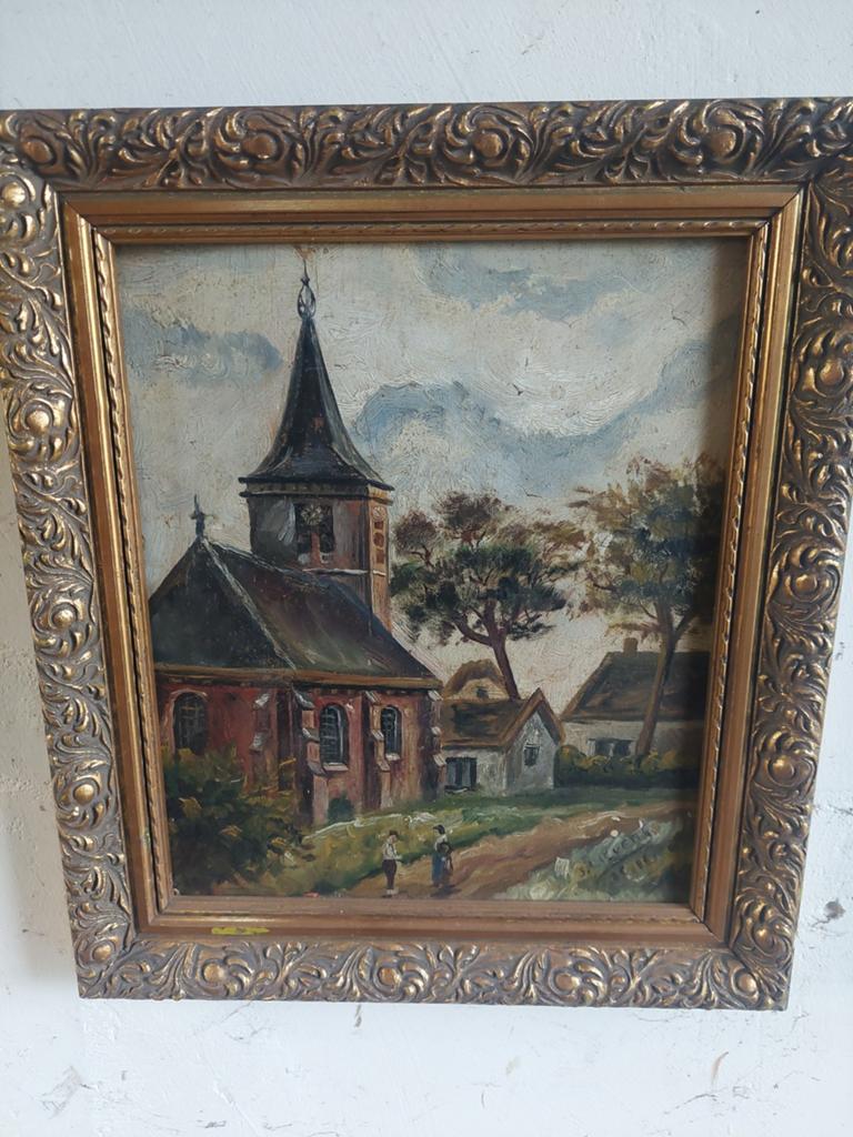 Oud schilderij van kerkje, gesigneerd S. Lievens 1910, Ophalen