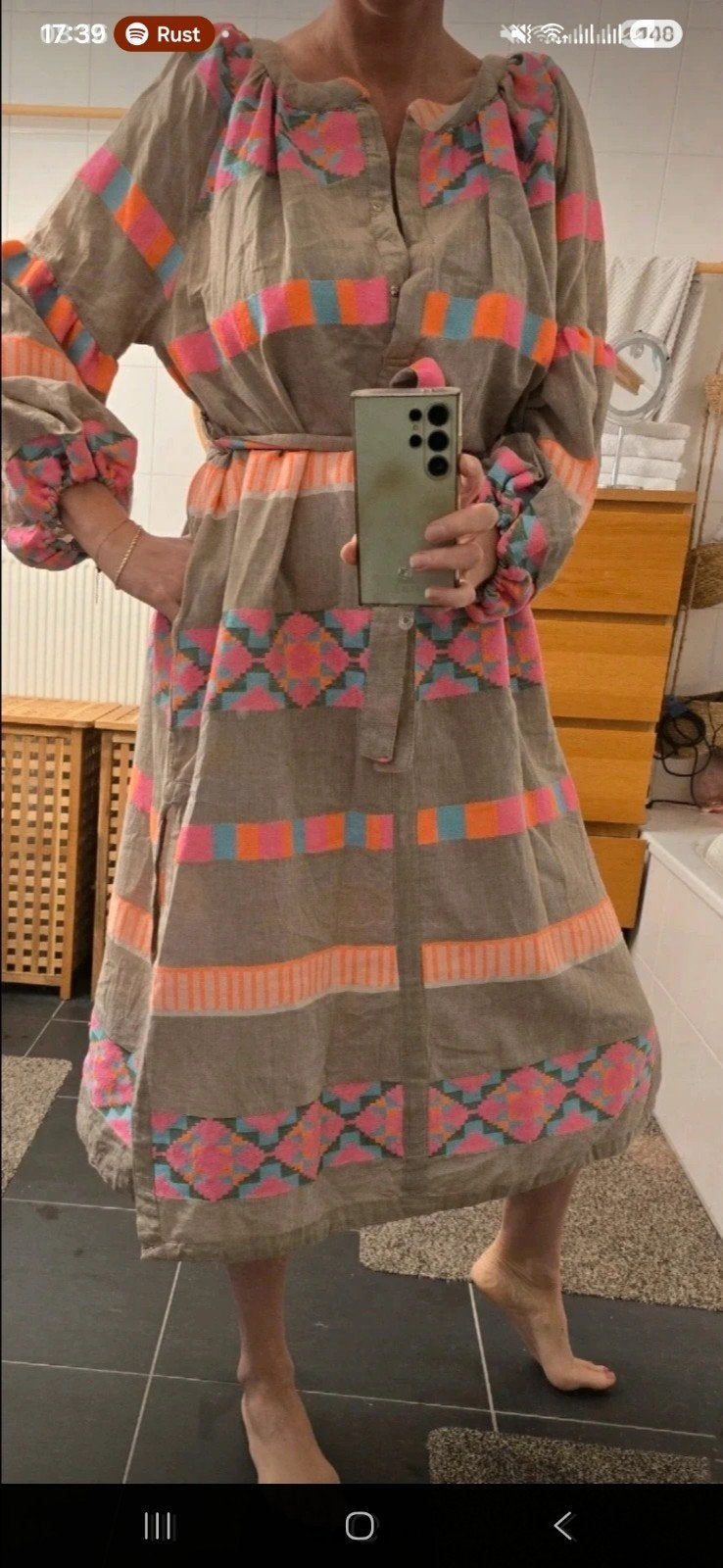 Ibiza jurk beige Katoen met felle kleuren, Ophalen of Verzenden, Zo goed als nieuw, Beige, Onder de knie