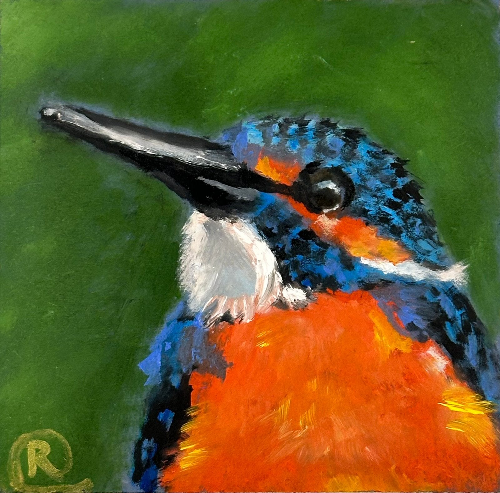 Vogel ijsvogel miniatuur, Antiek en Kunst, Kunst | Schilderijen | Modern, Ophalen of Verzenden, Dieren, Olieverf, Overige materialen