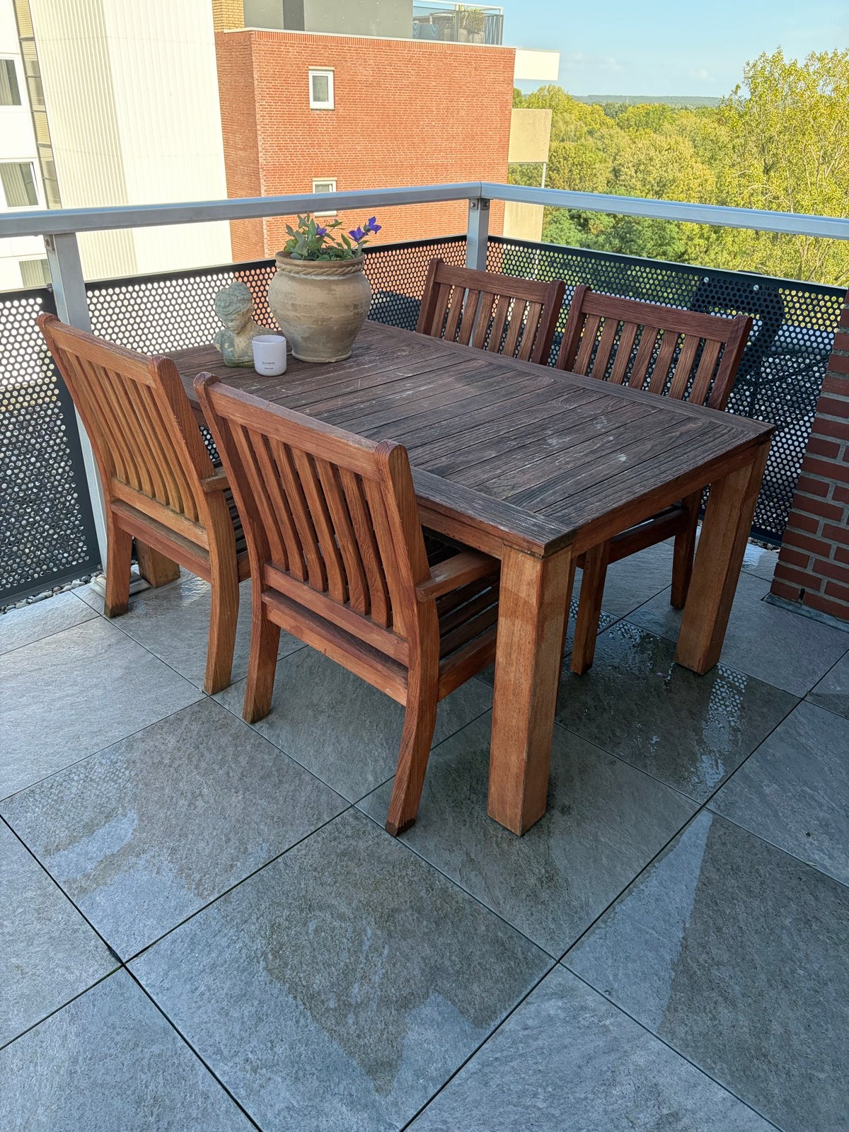 Queens Teakhouten Tuintafel met 4 Stoelen, Ophalen, 4 zitplaatsen, Gebruikt, Eettafel