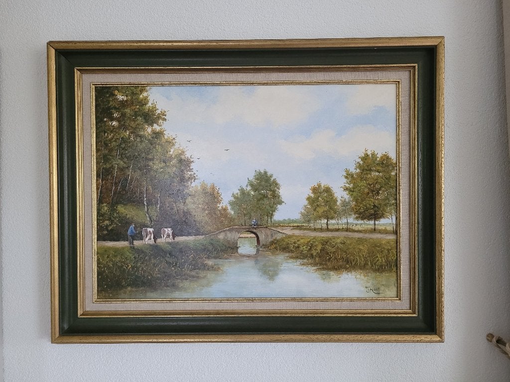 Paneel gesign. r.o. J. Kievit 'Boer met koeien langs vaart', Antiek en Kunst, Ophalen
