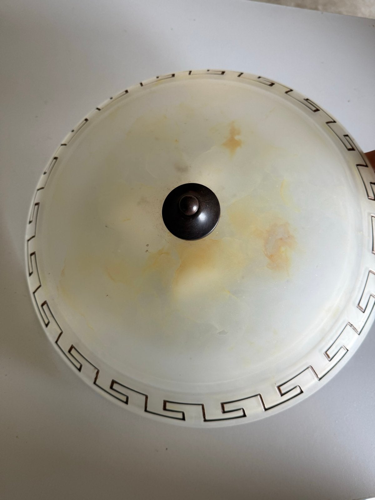 Glazen Plafondlamp met Grieks Patroon, Huis en Inrichting, Ophalen, Gebruikt, E27 (groot), Glas