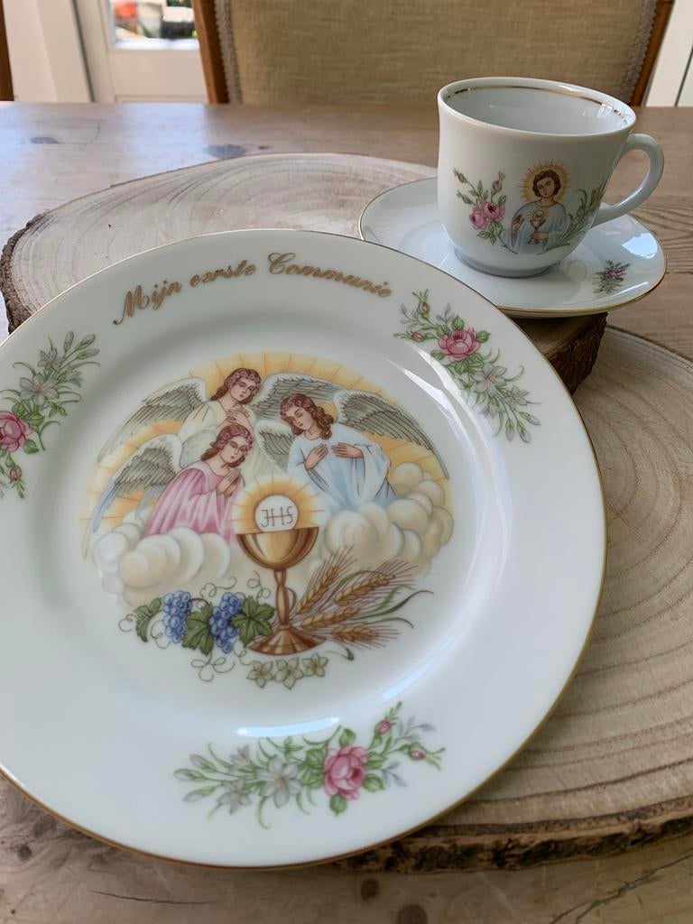 Eerste Communie ontbijtsetje - Bord en kop en schotel, Antiek en Kunst, Ophalen of Verzenden