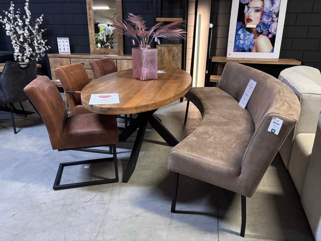 Ovale Eetbank Bull Stof + 3 stoelen bruin/cognac, Ophalen, Bruin, Nieuw, Stof
